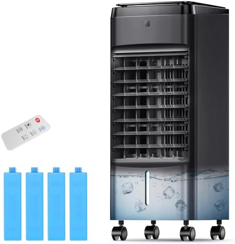 NOMEY Evaporative Air Cooler, 3-IN-1 Air Conditioner Portable for Room w/ 4 Modes & 3 Speed, 12H Timer, 1 Gal Detachable Water Tank, 4 Ice Packs, Remote, 70° Oscillation Air Cooler for Bedroom Indoor
