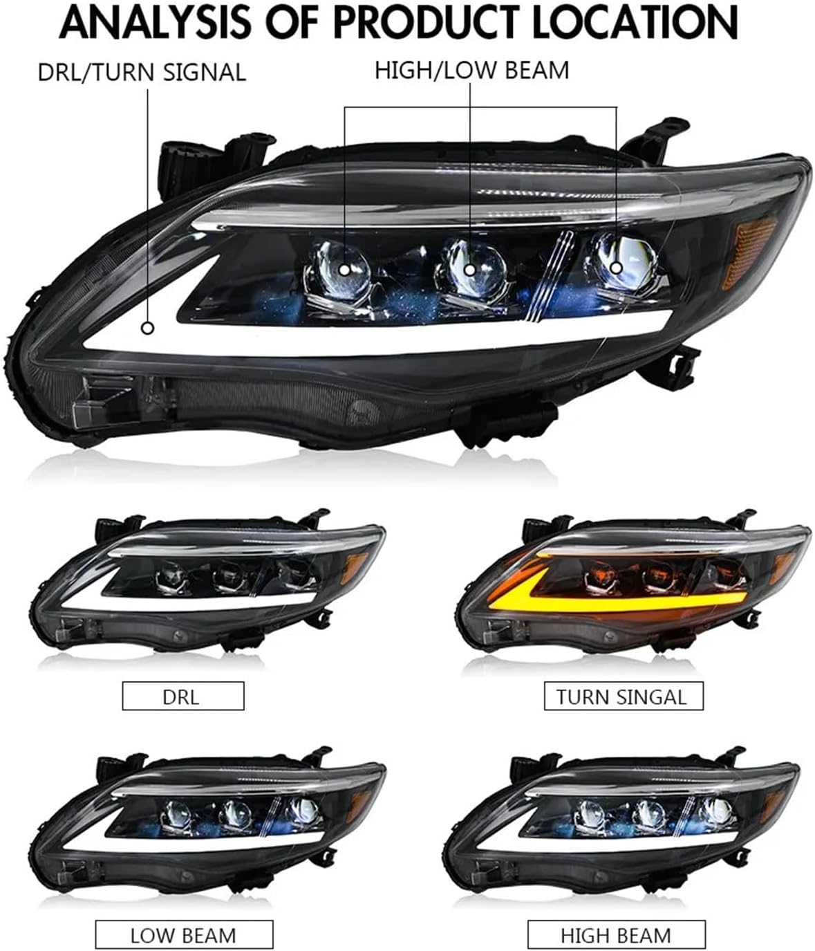 2Pcs Full LED Headlights Assembly Compatible For Toyota Corolla 4-Door 2011-2013 Turn Signal Front Head Lamps DRL Headlamp Accessories