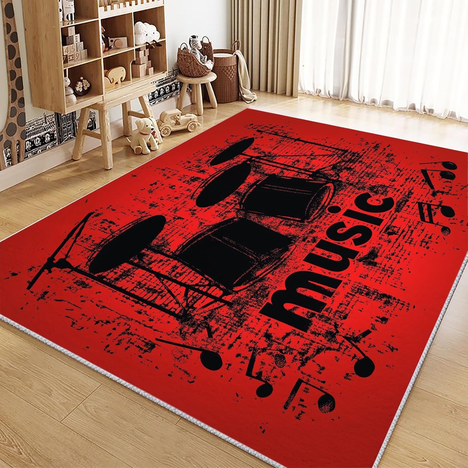 Machine Washable Rug 4x6 ft Washable Area Rugs Red Musical Note Drum Wheel Non Slip Carpets for Living Room Bedroom, Low Pile Stain Resistant Carpet, for Nursery Office Home Decor