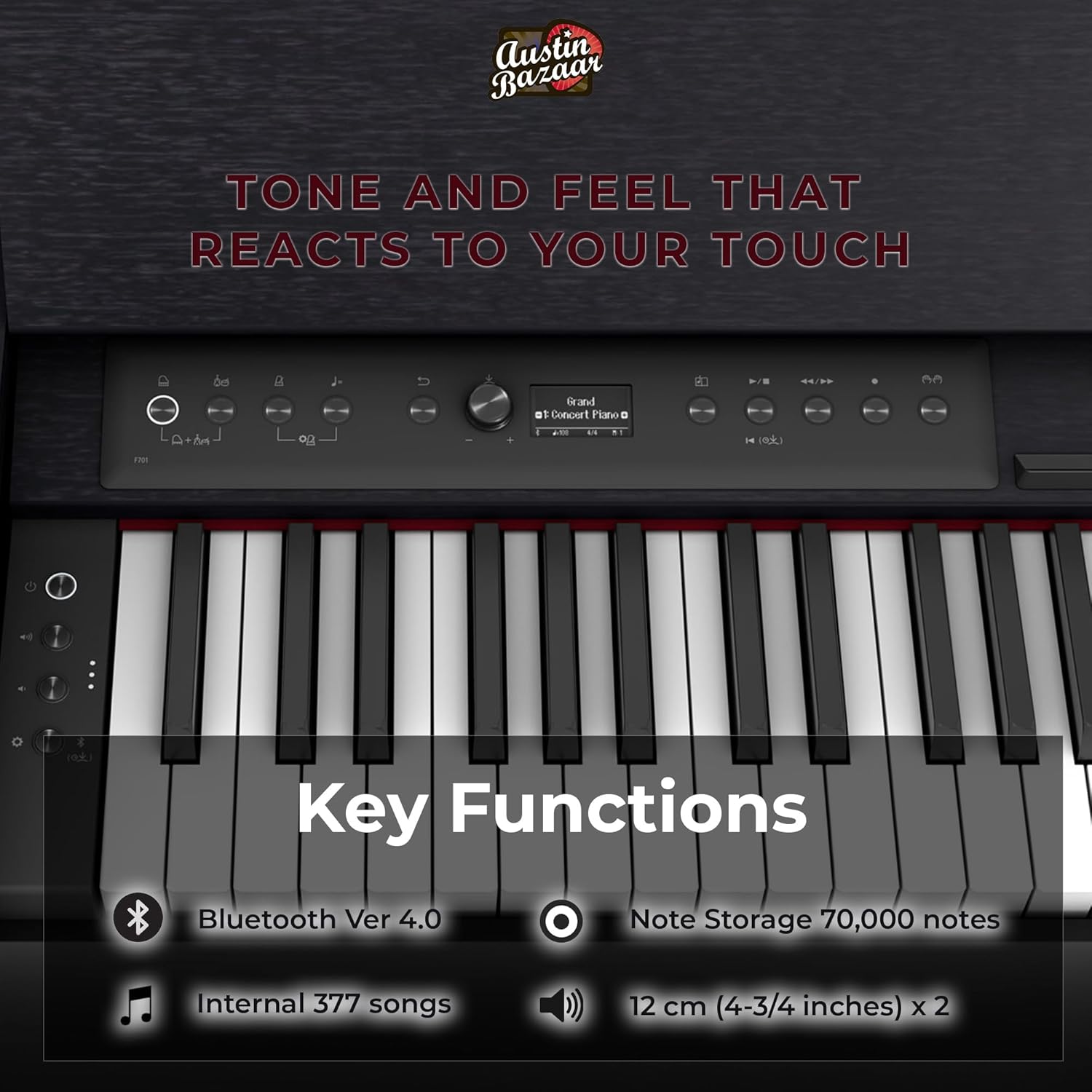 Roland F701 Digital Pianos - Contemporary Black Bundle with Headphones, Instructional Book, Online Piano Lessons, Austin Bazaar Piano DVD, and Polishing Cloth