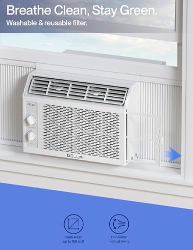 DELLA Window Air Conditioner, Reusable Filter, Easy Install Kit, 5000 BTU Cools Up To 150 Sq. Ft, Energy Saving AC Unit with Easy to Use Mechanical Control, Efficient Cooling For Smaller Areas