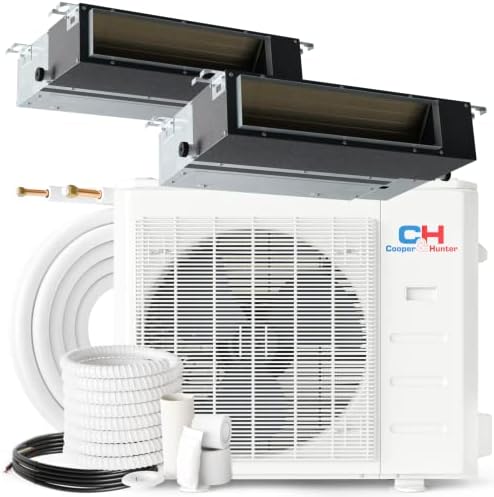 Cooper & Hunter 18,000 BTU 2-Zone Concealed Ducted Mini Split Air Conditioner & Heat Pump – 9K+9K Slim Duct Air Handlers – 22.9 SEER2 Inverter System – 25FT Installation Kits – 230V