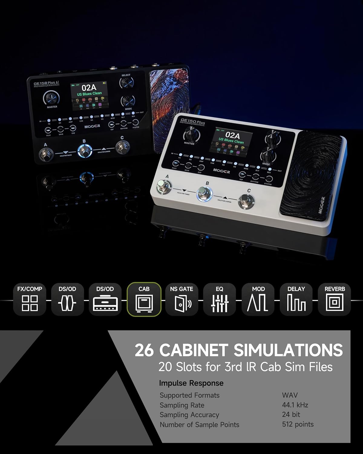 MOOER GE150 Plus New Compact Guitar Pedals Multi Effects Processor Preamp Cab Sim 3rd IR Loader Reverb Dealy Spill Over Funtion,Looper Drum, Tap Tempo, Expression Pedal