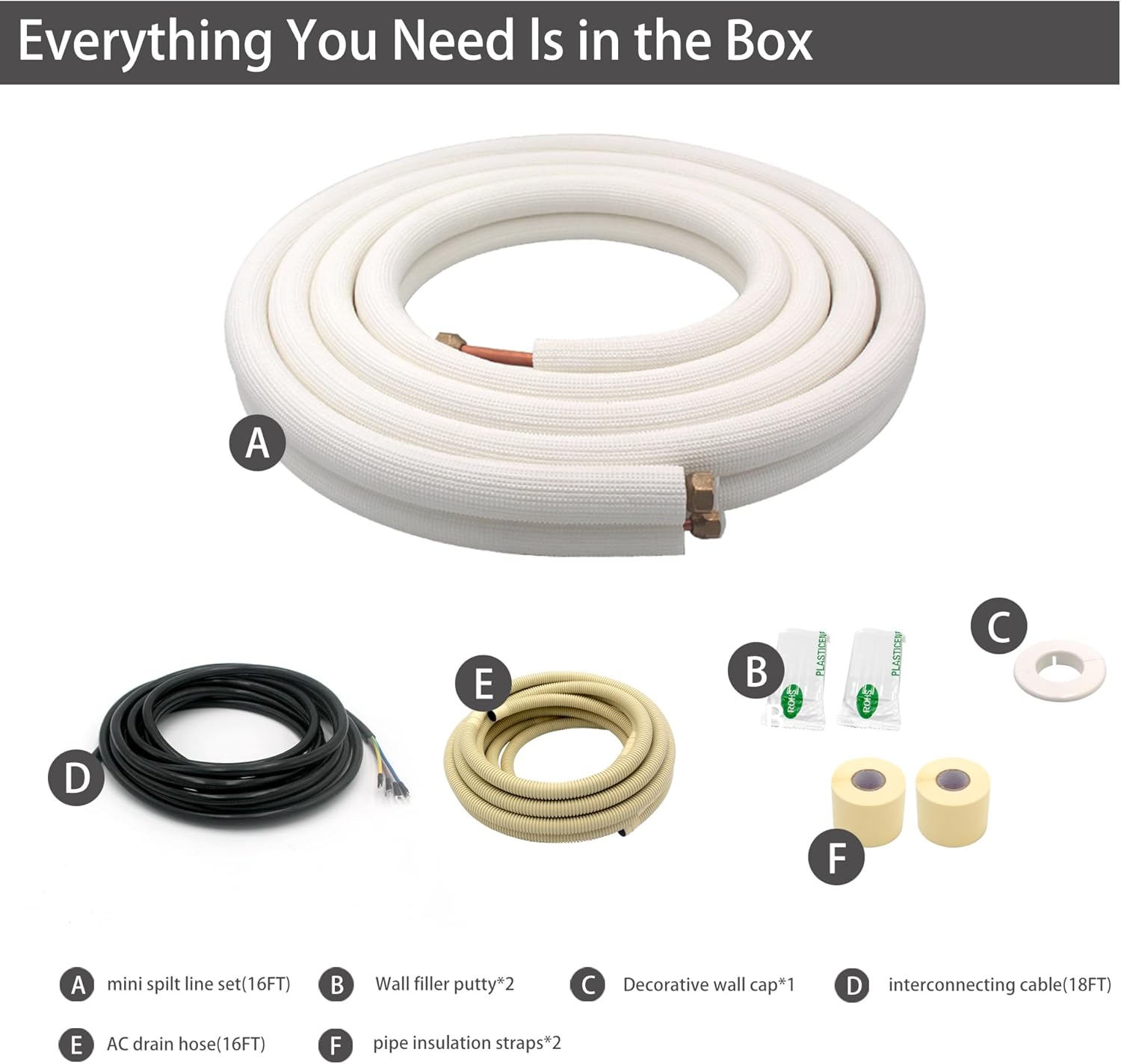 16FT Mini Split Line Set 1/4*1/2 OD HVAC Copper Tube Pipe Extension,3/8 Thickened PE Insulation Coil Air Conditioner Twin Copper Line Heating Equipment Hose with Flared Nuts (16FT (1/4+1/2) with wire)