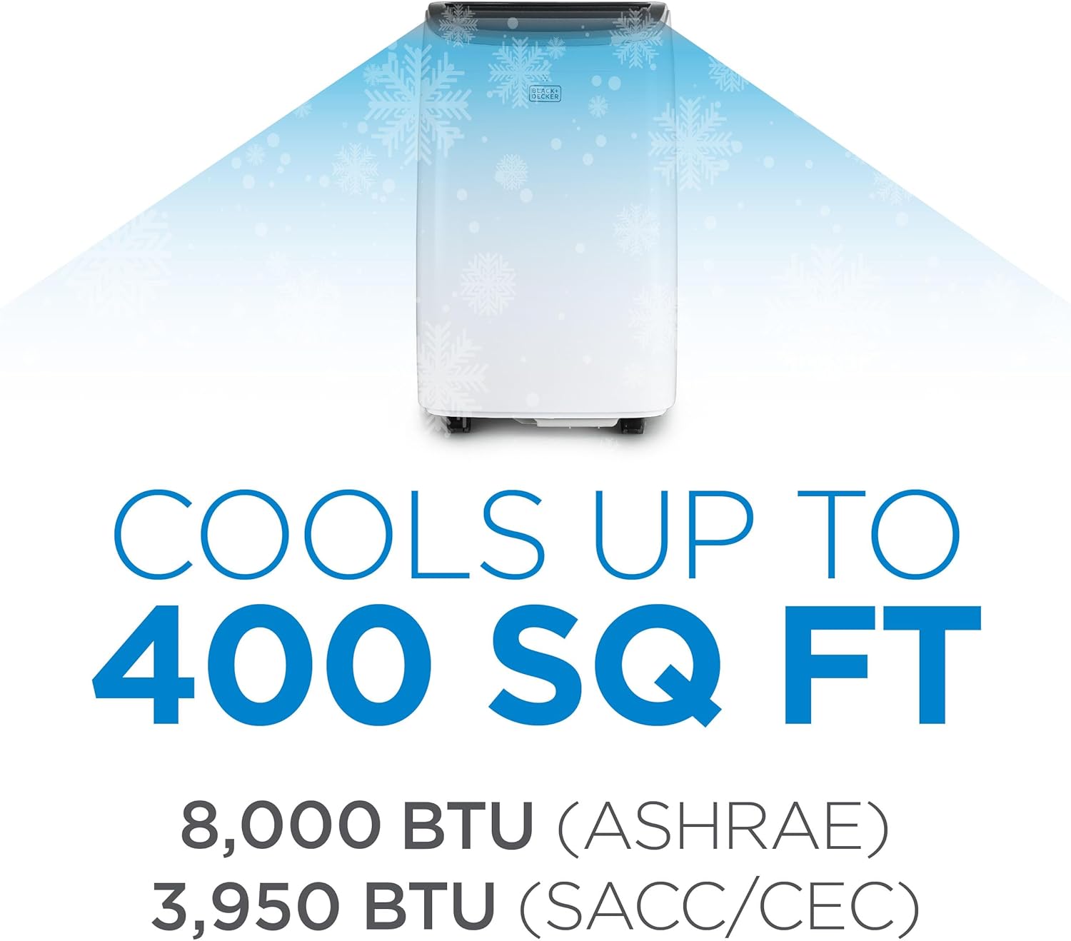 BLACK+DECKER Portable Air Conditioner, 8,000 BTU (3,950 BTU SACC) for Rooms up to 400 Sq. Ft., Portable AC with Follow Me Remote Control and Window Kit, BPACT08WT, White