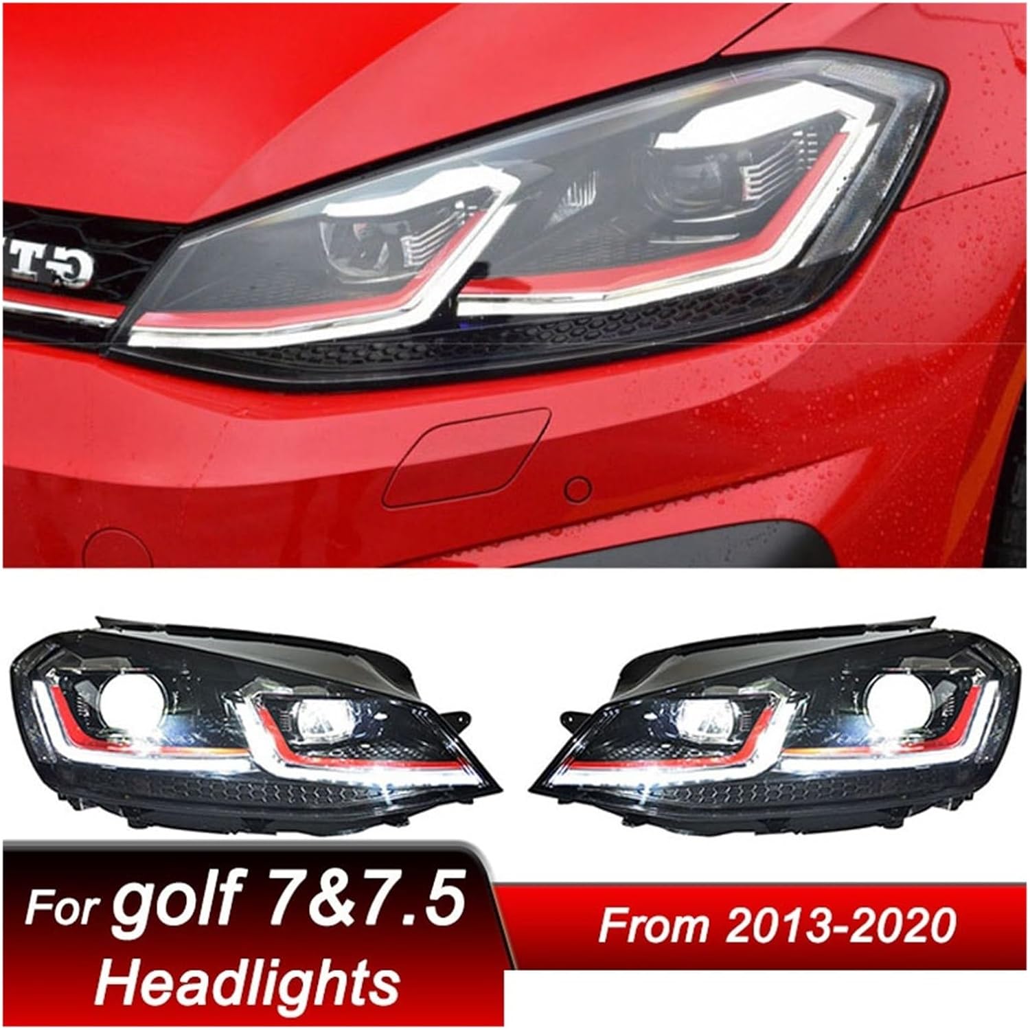 Car Headlights Compatible For VW Golf 7 7.5 MK7 2013-2020 Low To LED Auto Headlamp Assembly Projector Lens Accessories Kit(Red,Golf 7,RHD)