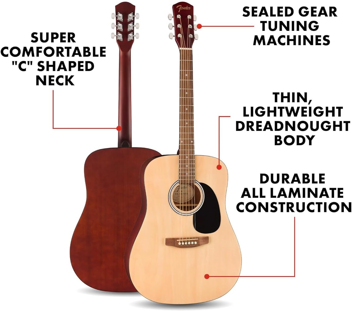 Fender Dreadnought Acoustic Guitar - Natural Bundle with Gig Bag, Tuner, Strap, Picks, and Austin Bazaar Instructional DVD