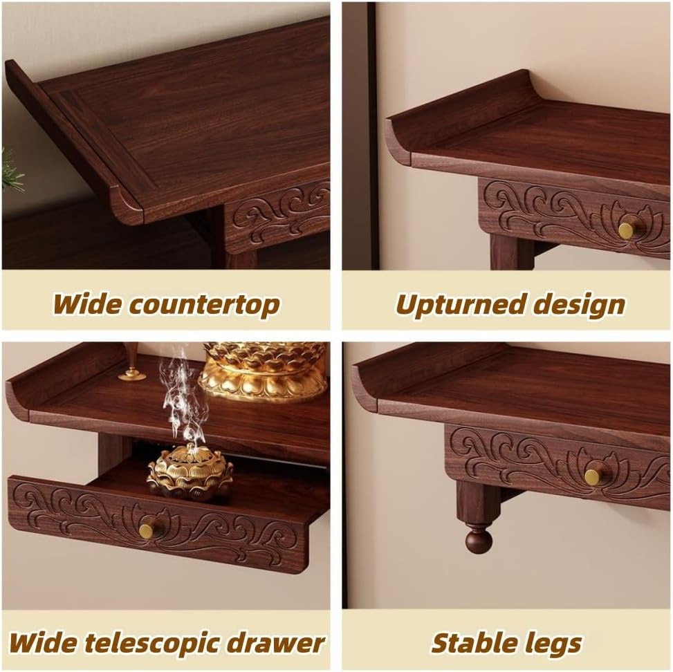 Wall Mount Buddha Statue Stand with Pull-Out Plate, Solid Wood Buddhist Altar Shelf for Home Prayer Space, Wall Mounted Altar Table for Meditation and Ritual Display(60cm/23.6in)