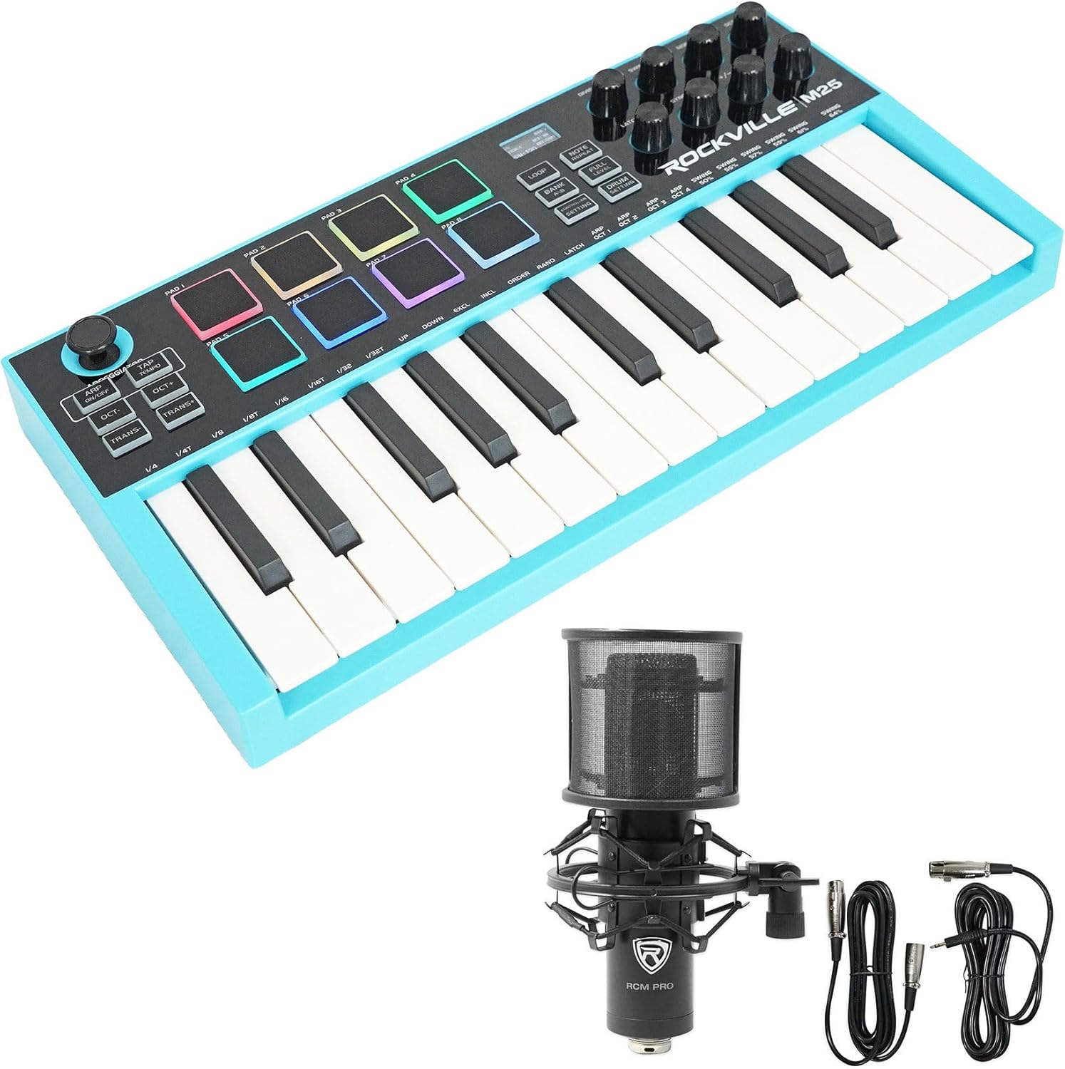 Audisavings Bundle: Rockville M25 25 Key USB Wireless MIDI Keyboard Controller With Bluetooth+8 Pads Bundle with Rockville RCM PRO Studio/Recording Condenser Microphone (2 Items)