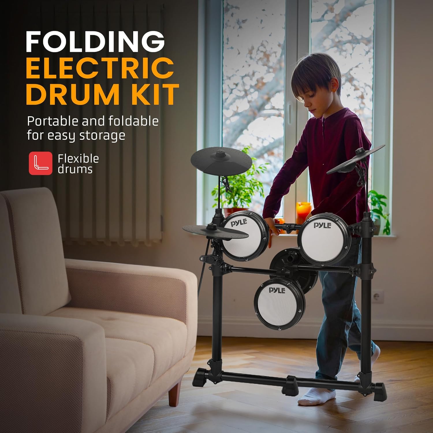 Pyle Electronic Drum Set with 4 Quiet Mesh Pads, 180 Sound Styles, 3 Cymbals, 2 Pedals, Throne, Headphones, Sticks, AUX, USB MIDI, Electric Drum Kit for Beginners Students Professionals