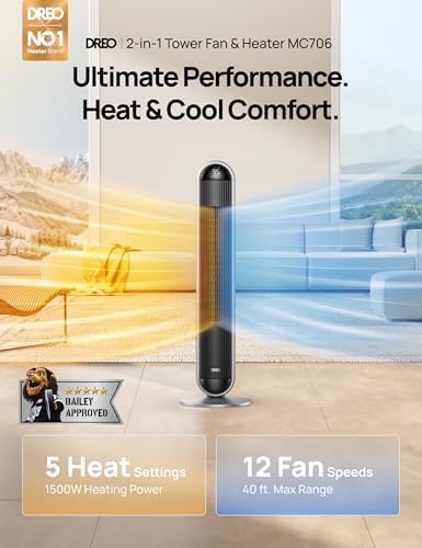 Dreo Tower Fan and Heater Combo, 29.2ft/s Standing Fans for Bedroom, 17 Levels, 6 Modes, 120° Oscillation, 42 Inch, 12H Timer, 25dB Quiet, with Remote, for Office, Large Room, Silver