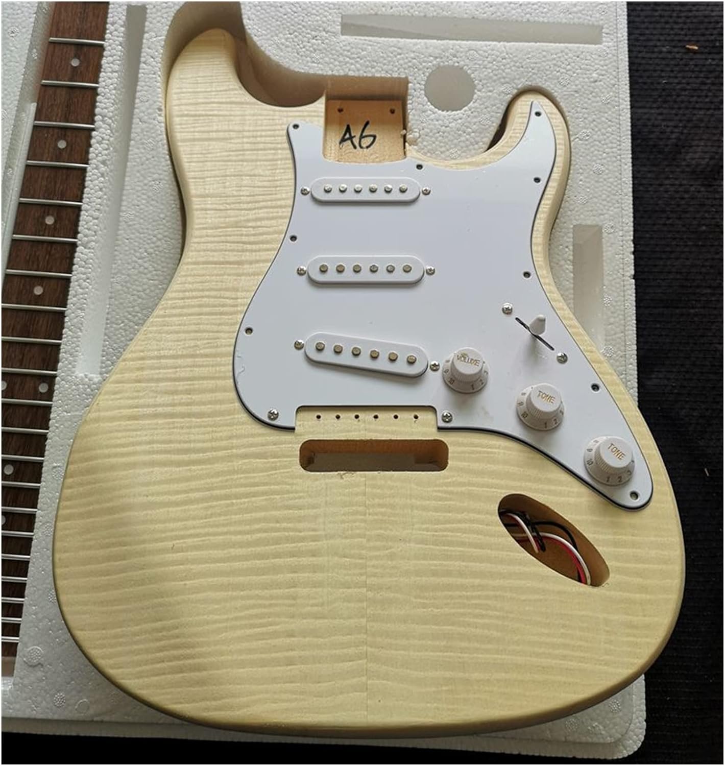 Unfinished Guitar Kit DIY Electric Guitar Making Kit, Maple Maple, Tiger Grain Basswood Body, Hard Maple Neck Handmade ​Guitar Body