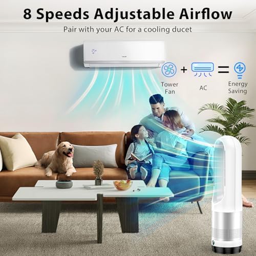 Bladeless Tower Fan, 1400W Space Heater & 40W Cooler Fan Combo with Remote, 80°Oscillation, 8 Speeds and 3 Heating Modes, 9H Timer, LED Display, Fast Safety Heat and Quiet for Bedroom, Kitchen, Office