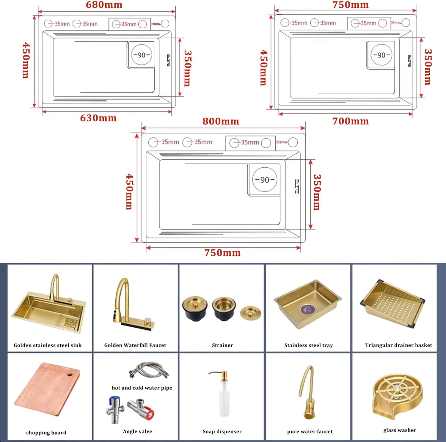 Kitchen Sink Tap,Golden Sink Stainless Steel Sink Golden Kitchen Sink Waterfall Faucet Large Single Sink Including Cutting Board Glass Washer and Other Accessories (Size : 80x (80x45x20CM)
