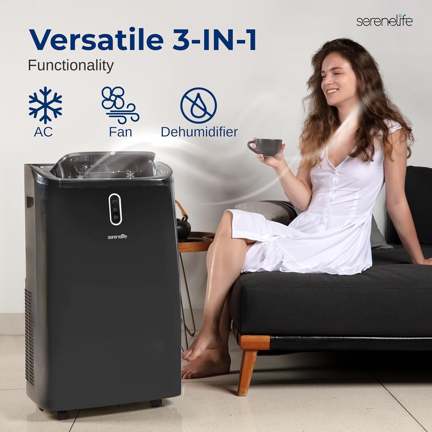SereneLife 12000 BTU Portable Air Conditioner - 3-in-1 Compact Standing Air Conditioner for Room Up to 380 Sq. Ft. - Floor AC Unit with Remote Control - Universal Casters, Window Mount Kit