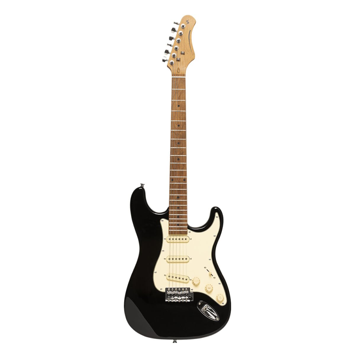 Stagg SES-55 BLK Series 55 Electric Guitar with Solid Paulownia Body l Tempered Maple Neck l 22 Fret Maple Fingerboard l Aged White 3-Ply Pickguard l Brilliant Black Finish