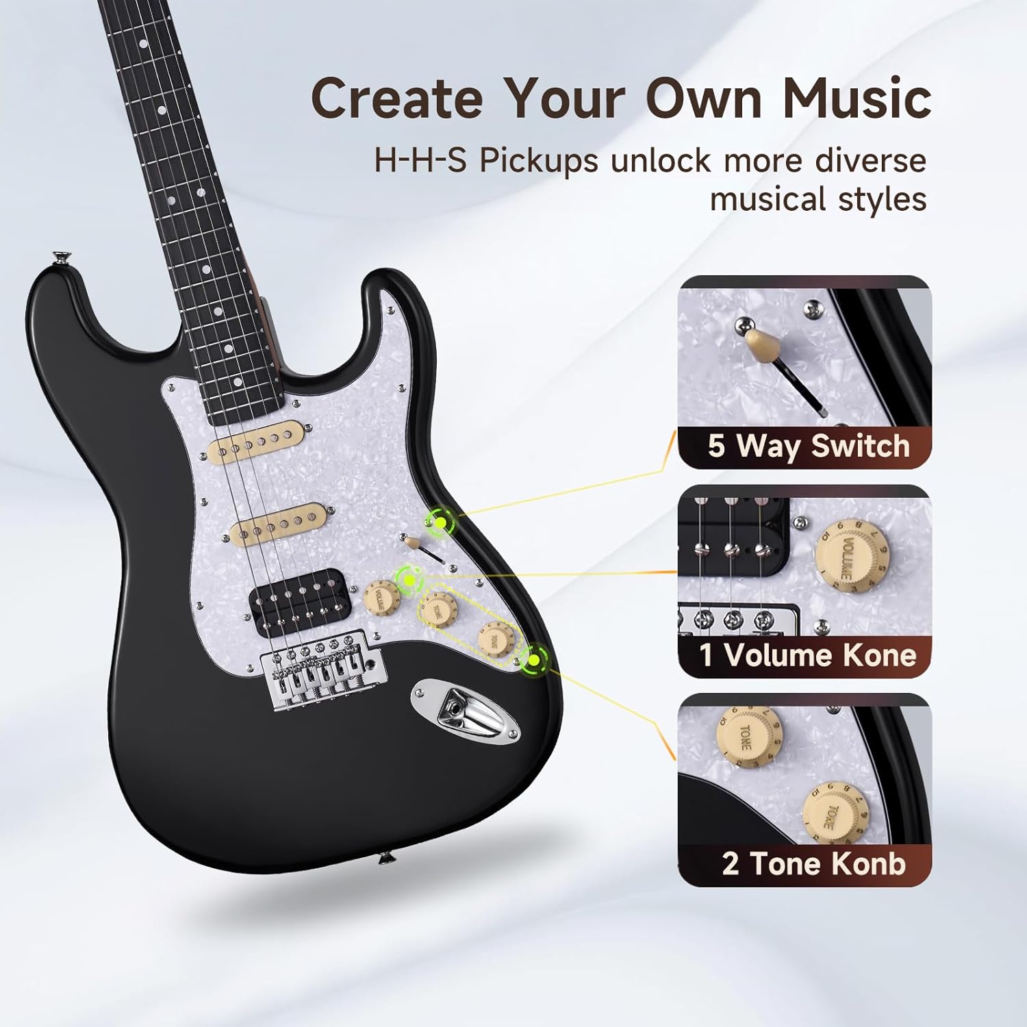 MOOER Electric Guitar Black Beginner Practice Guitar Kit, 25.5