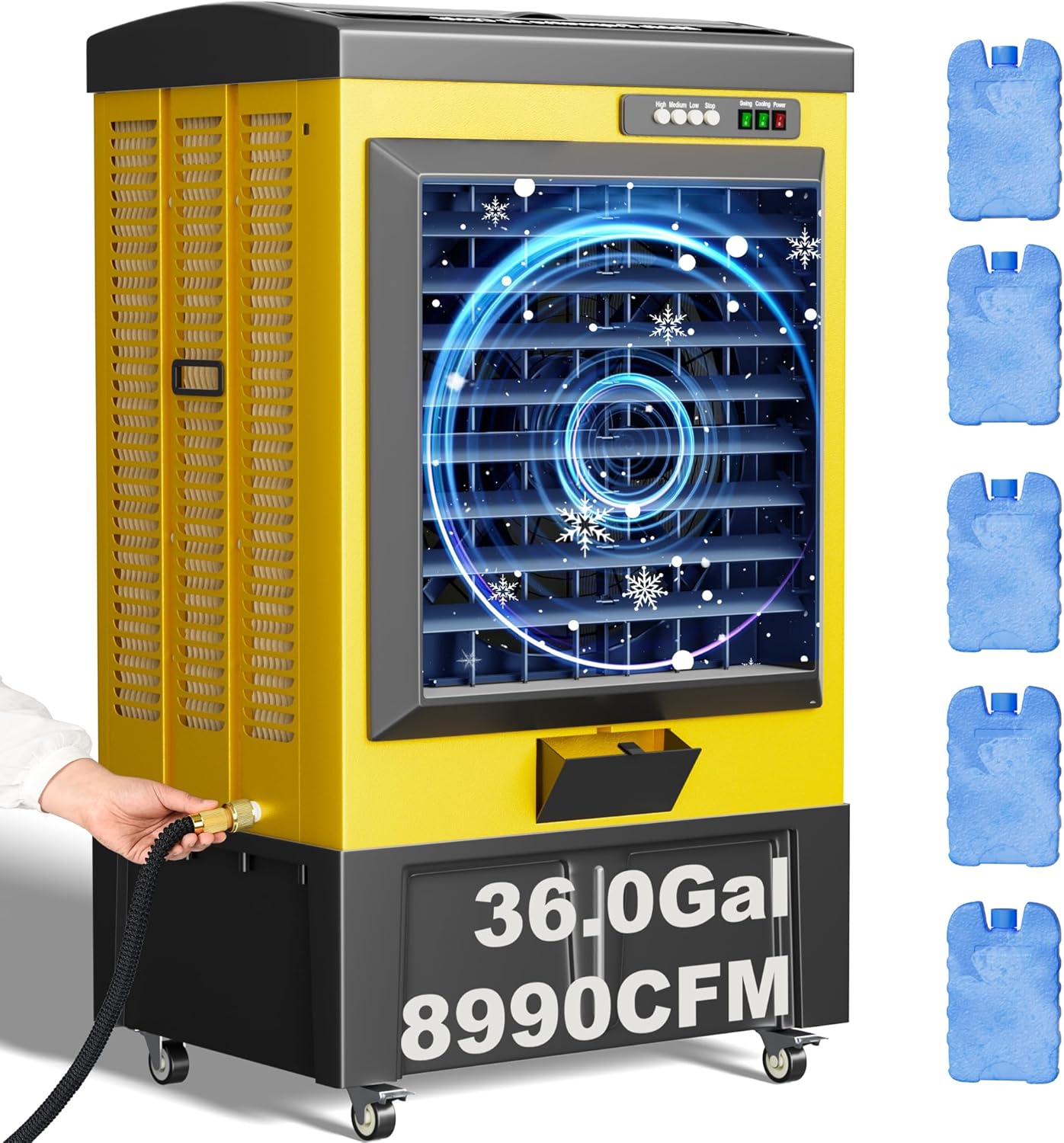 Swamp Cooler, 8990CFM Evaporative Air Coolers with 36 Gal Tank, Windowless Air Conditioner 3 Speeds for Outdoor Use, 58 Inch Air Cooler Water Fan for Patio, Garage, Shop, Commercial Yellow