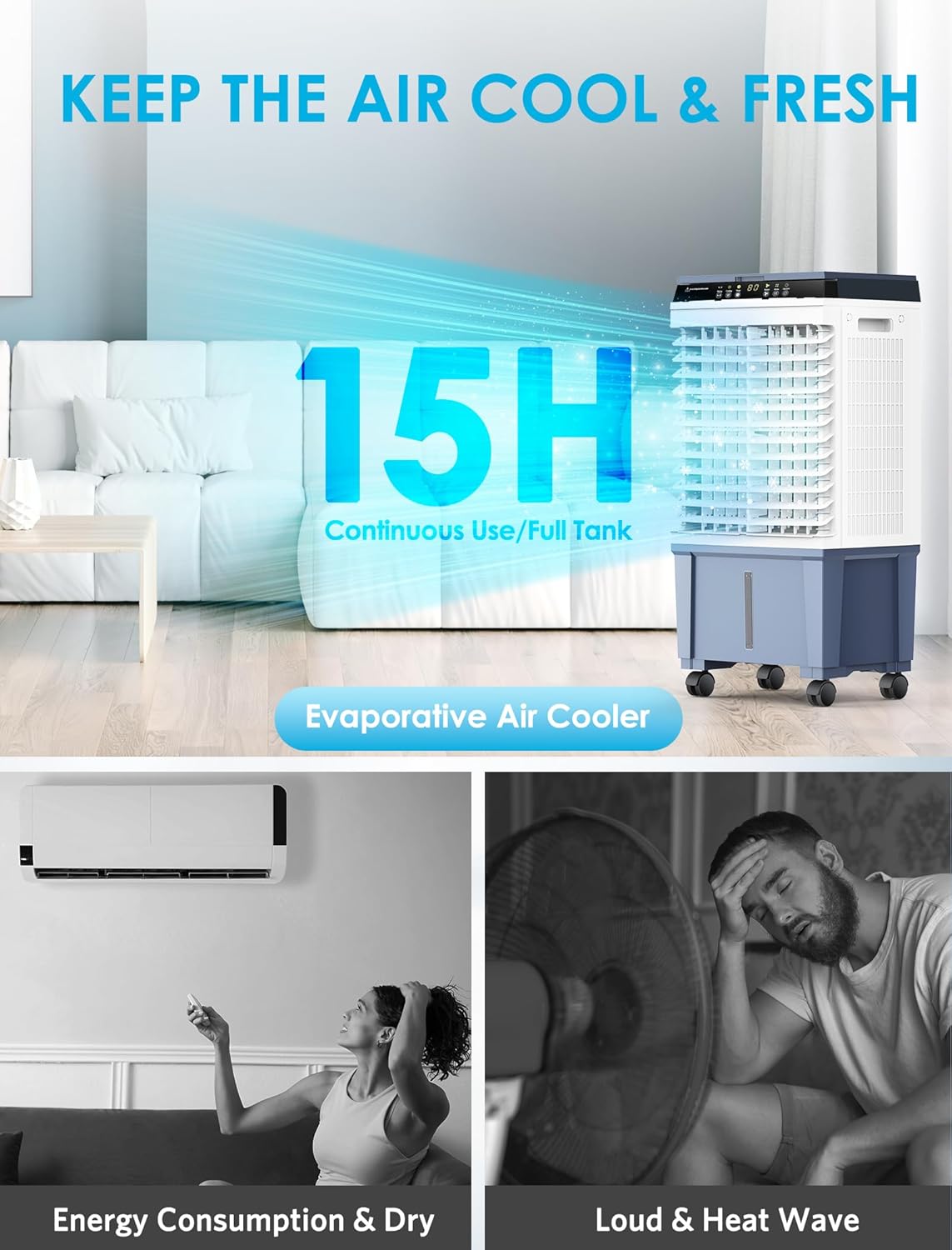 Air Choice Portable Evaporative Air Cooler, 1800 CFM Swamp Cooler with 6 Ice Box & 5.3 Gal Water Tank, 110° Swing, 3 Speeds, Upgraded Remote, 12H Timer, 3-in-1 Air Cooling Fan for Outdoor Indoor, Blue