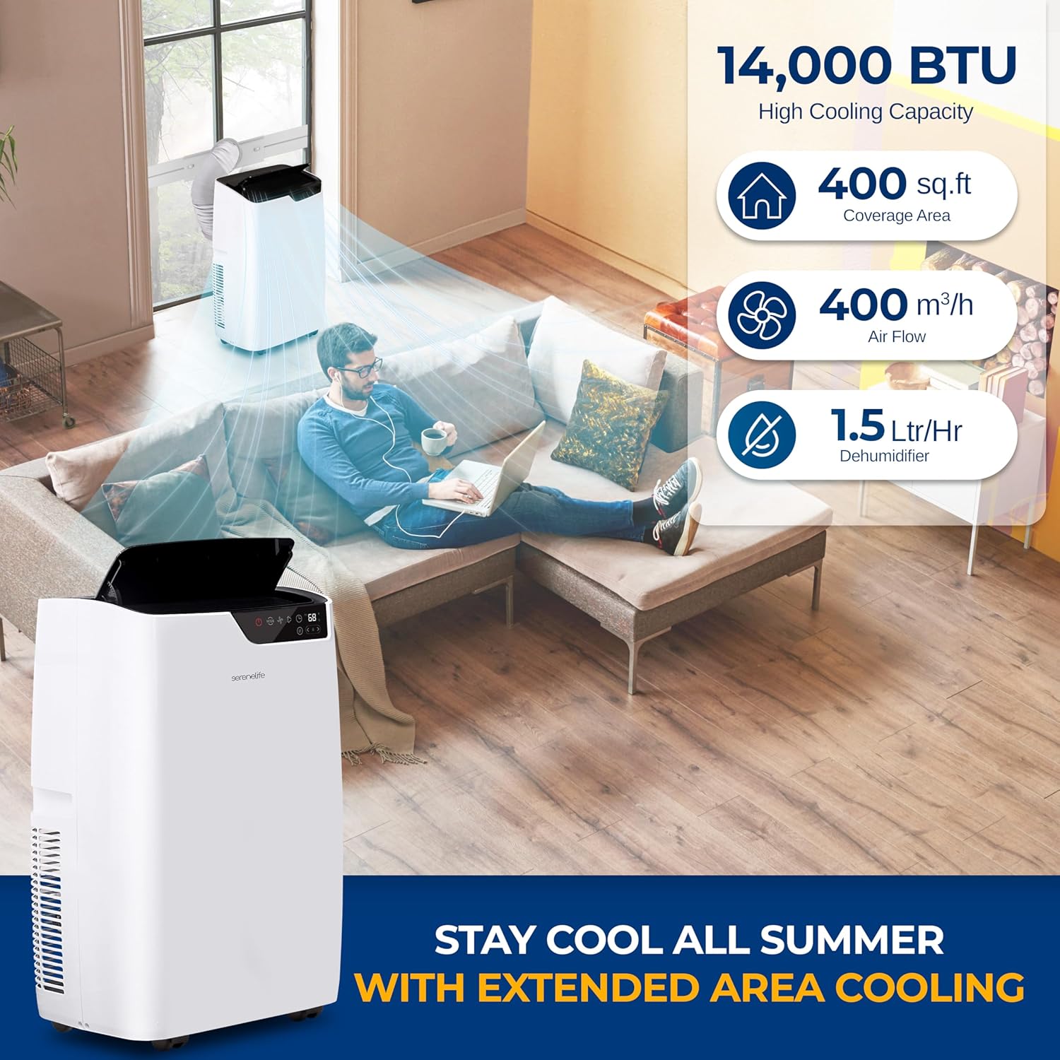 SereneLife 14000 BTU Portable Air Conditioner 4-in-1 with Heating - Compact Standing Air Conditioner for Room Up to 400 Sq. Ft. Floor AC Unit with Remote Control - Universal Casters, Window Mount Kit