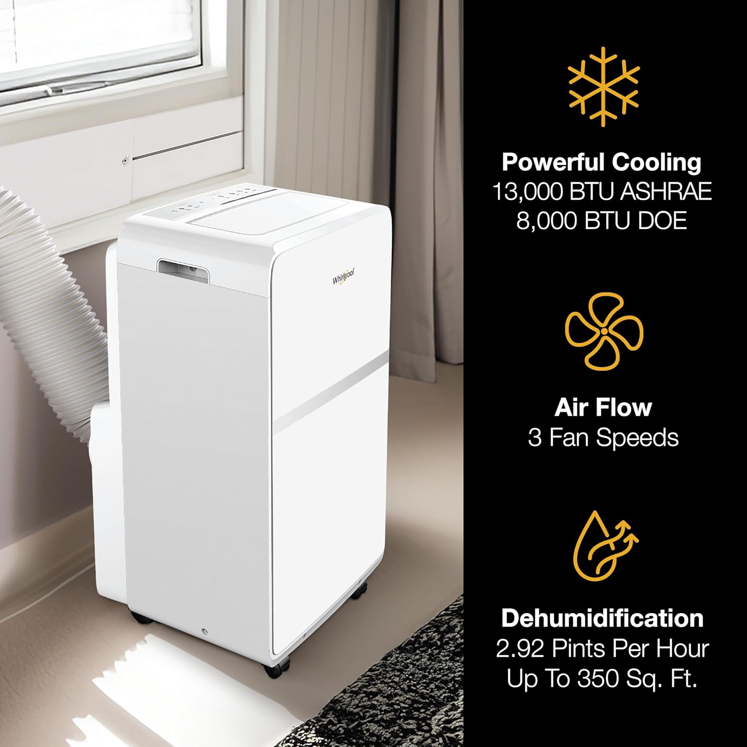 Whirlpool 8,000 BTU Portable Air Conditioner for Home with Dehumidifier, A/C Portable Air Conditioner for Apartment and Bedroom, 115V, AC for Small Rooms up to 350 Square Feet with Remote in White