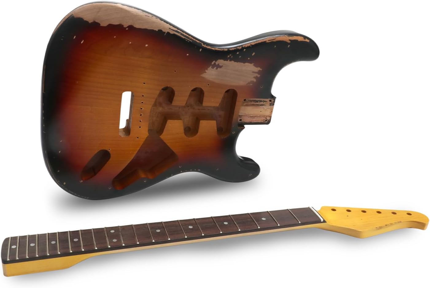 Sunsmile DIY Electric Guitar Kit ST Style Heavy Relic Aged Vintage with Alder Body Hard Maple Neck Rosewood Fingerboard S-S-S 6 String Relic CR Hardware Build Your Own Guitar Relic 3 Tone Sunburst.