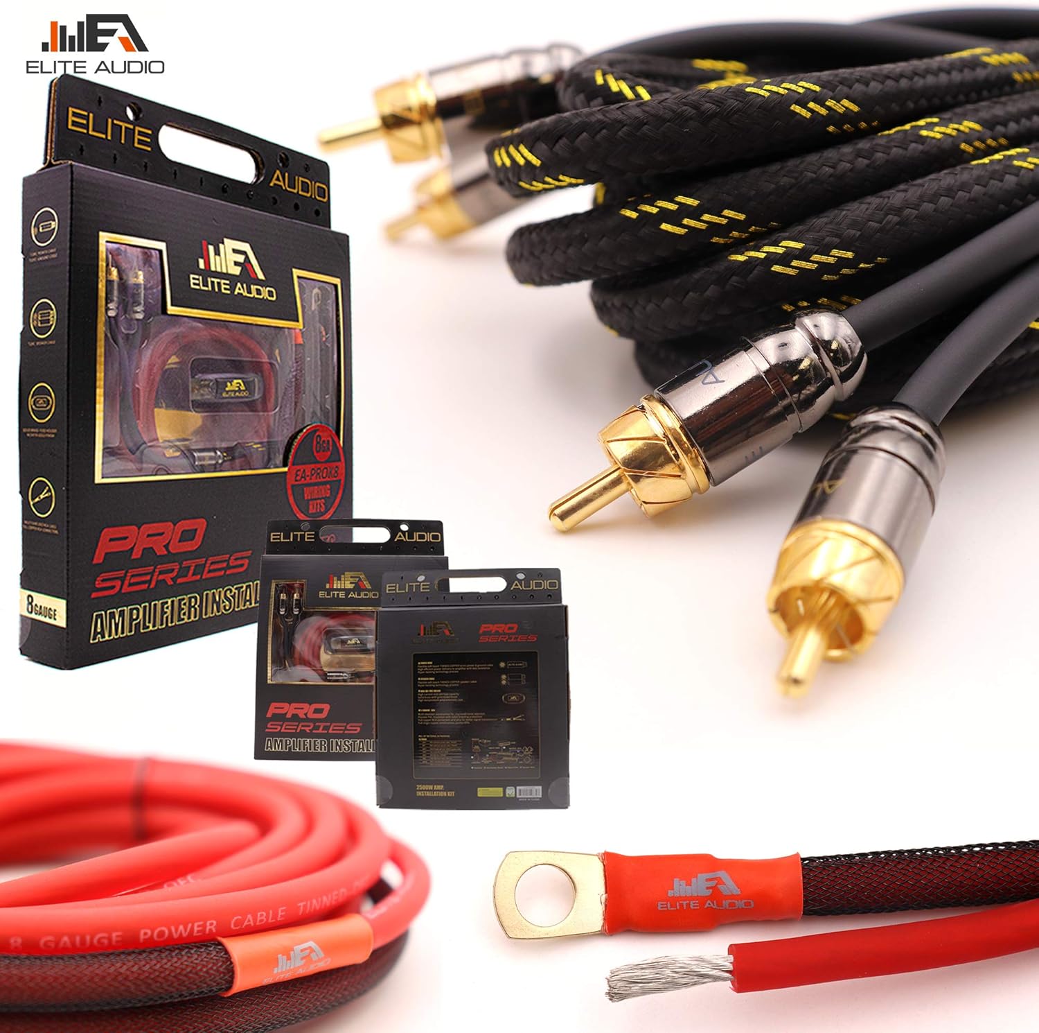 Elite Audio Pro Series Amplifier Wiring Kit & 2-Channel RCA Combo - 2500w Max Power, 8GA (AWG) Cables, Dual RCA Sets, ANL Fuse & Holder (Model: EA-PROK8 + EA-PRO3)
