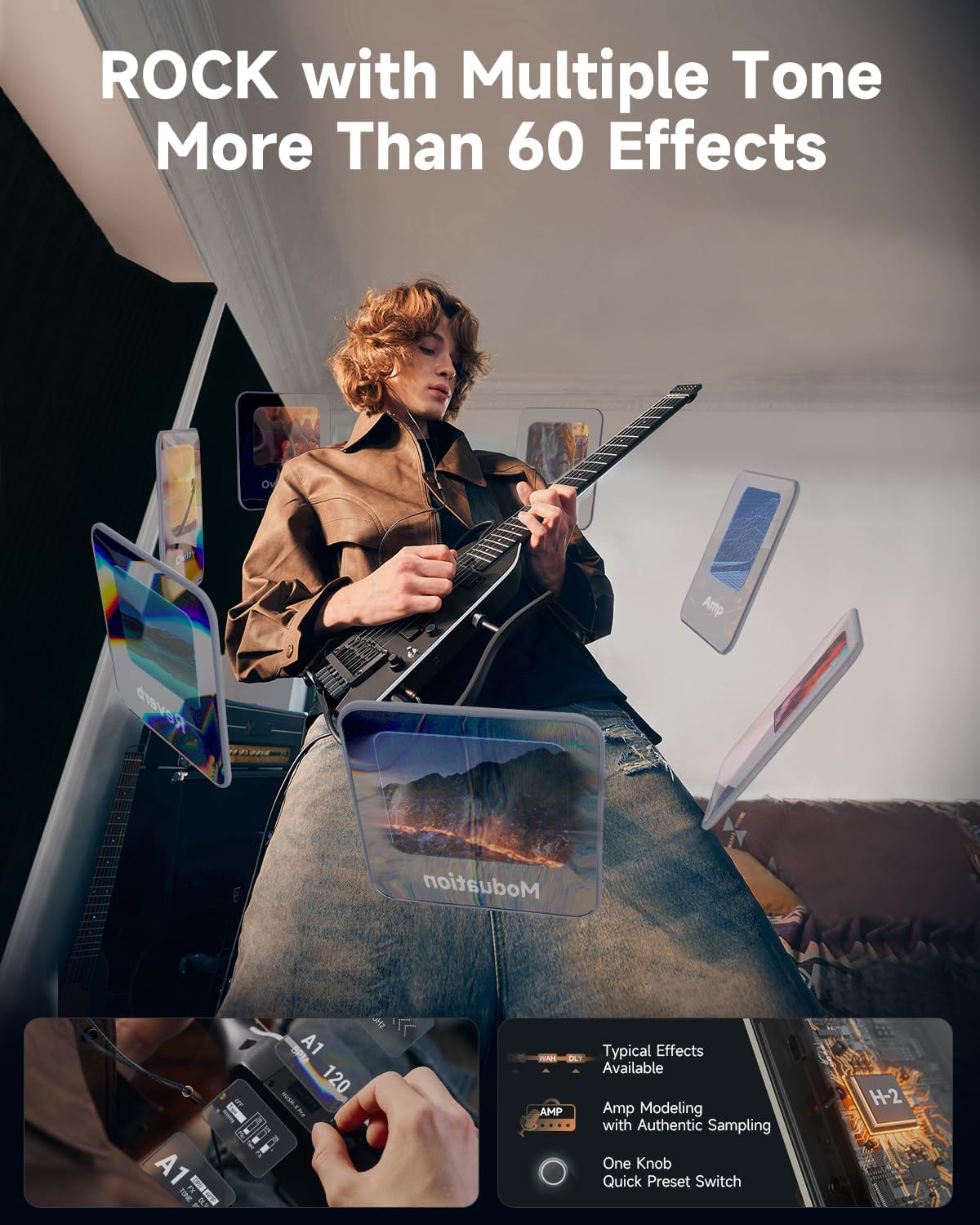 HUSH X PRO Electric Guitar Kit - Smart Travel Guitar, Black and Mini Electric Guitar Amp Wooden 3W