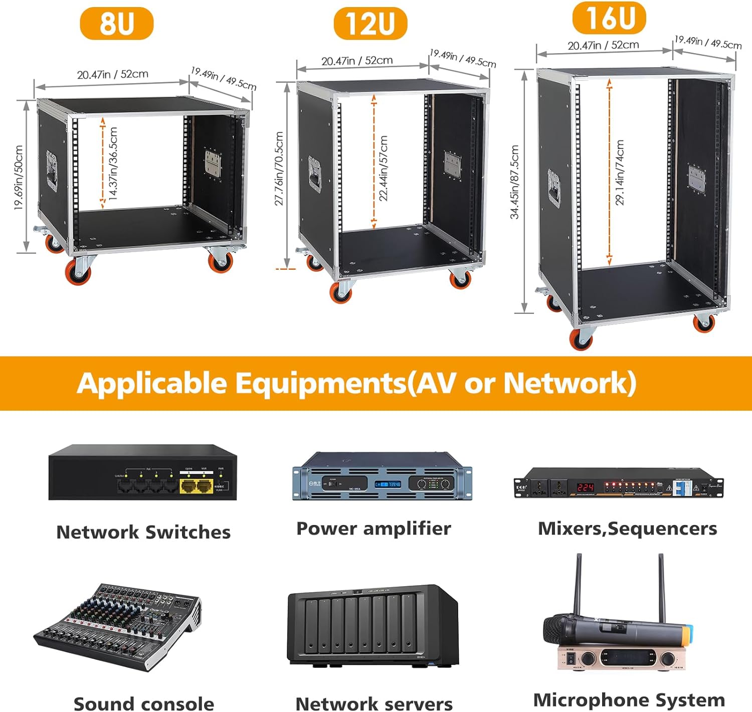 AV Gear Rack 8U Home Audio & Video Stage Stereo Equipment Storage Cabinet Stand On Wheels - 8U 19in Server IT Network Data Devices Storage Rack Cabinet - SC01-8U