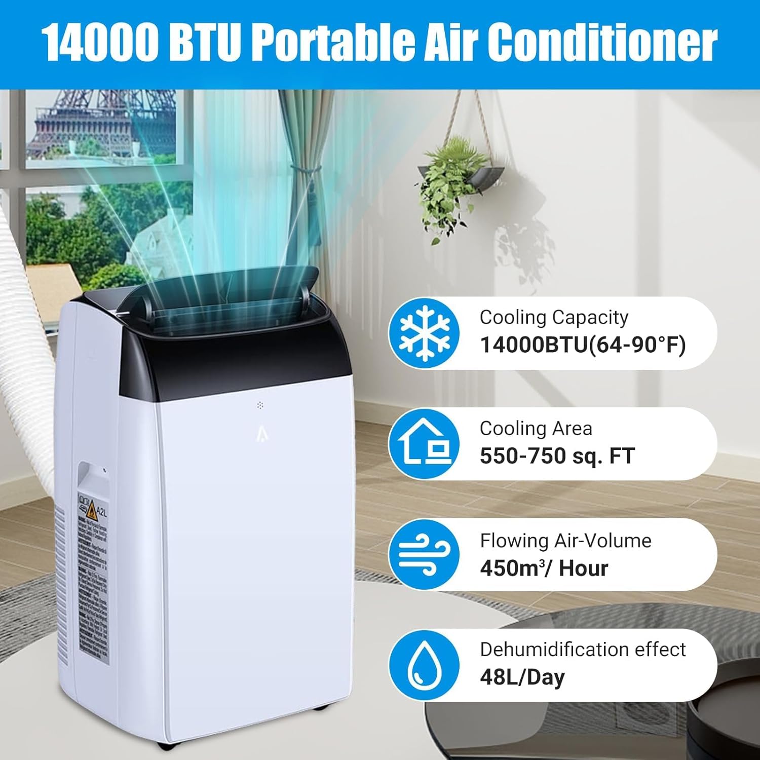 14000 BTU Portable Air Conditioner,3-in-1 Cooling Unit With Fan,Fehumidifier, And Refrigeration Functions, Featuring 3 Speed Settings, Energy Efficiency, Low Noise Operation, and Timer.