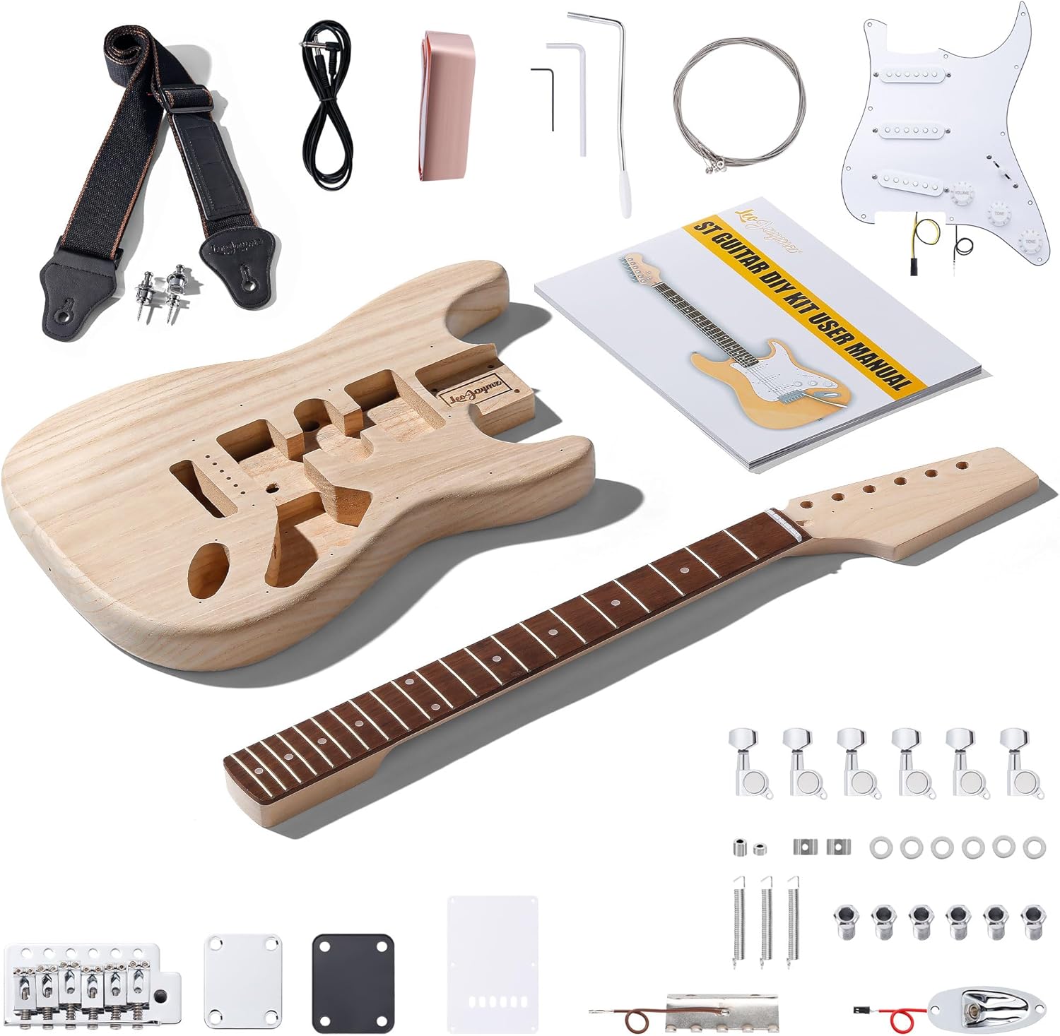 Leo Jaymz DIY ST Style Electric Guitar Kits with Paulownia Body and Maple Neck - Laurel Wood Fingerboard,Strip and All Components Included (ST Paulownia)