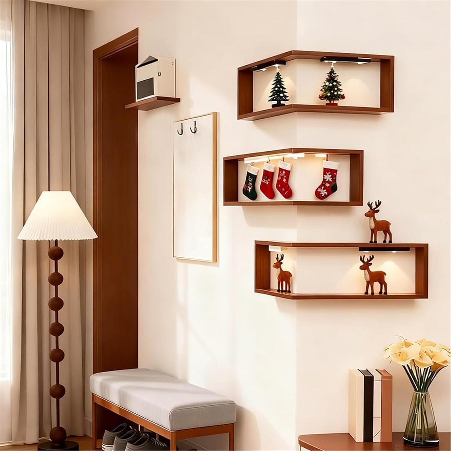 Smart Corner Shelves That Light up Your Space,Illuminated Wooden Wall-Mounted Display Rack,Corner Wall Floating Storage Shelves with Light,Space-Saving for Living Room,Bedroom (Without Light)
