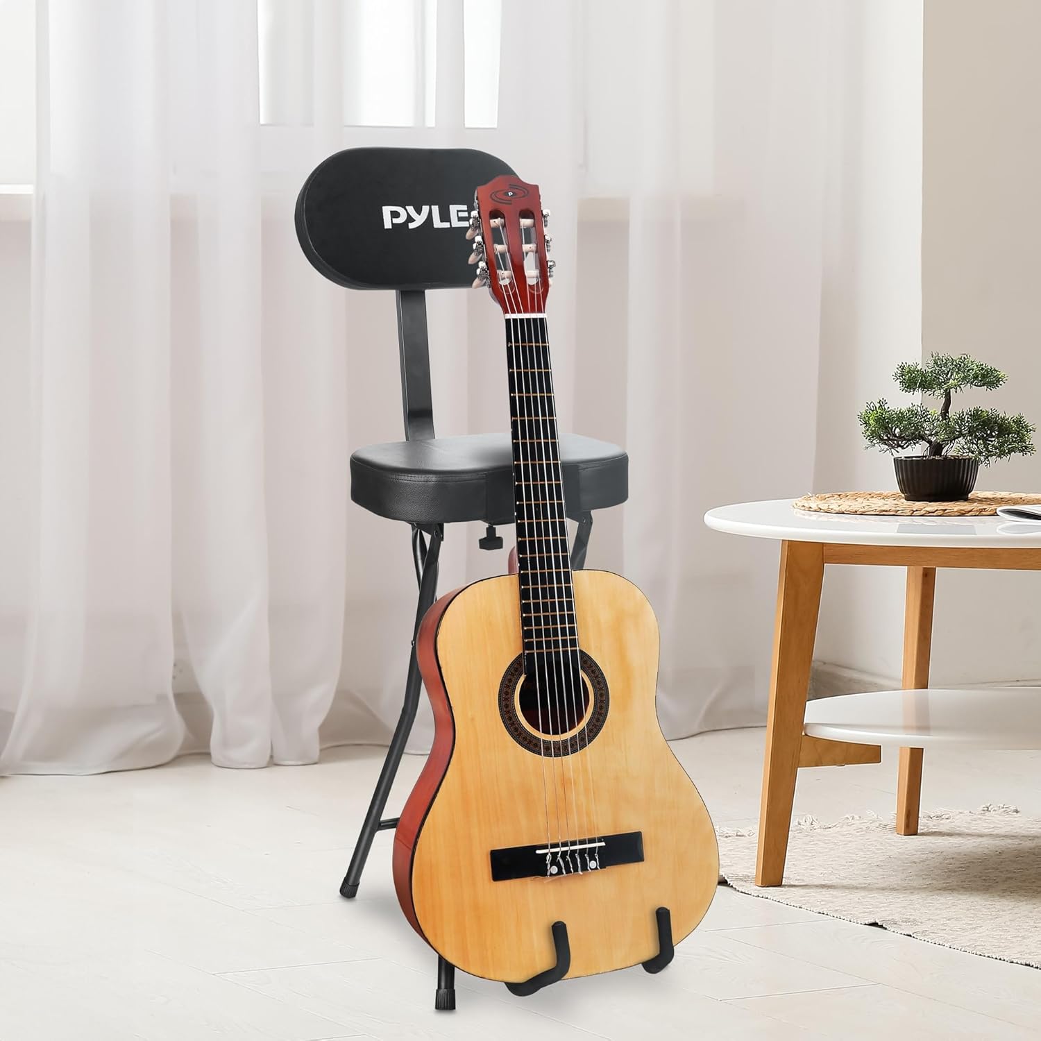 Pyle Adjustable Guitar Seat with Built-In Stand, EVA Foam Padded Cradles, Removable Backrest, Non-Slip Rubber Feet, Collapsible Design – Fits Acoustic, Electric & Bass Guitars – 300 lbs Capacity.
