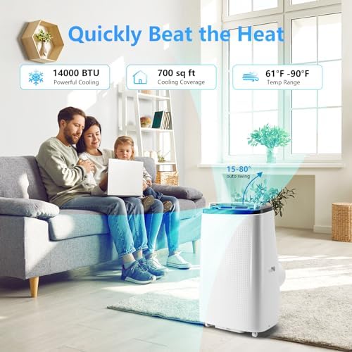 14000 BTU Portable Air Conditioner Cools Up to 750 Sq. Ft., 3-In-1 Standing AC Unit with Installation Kit and Remote Control, Ultra-Quiet 50dB Sleep Mode & 24H Timer, Bedroom, Office, Home