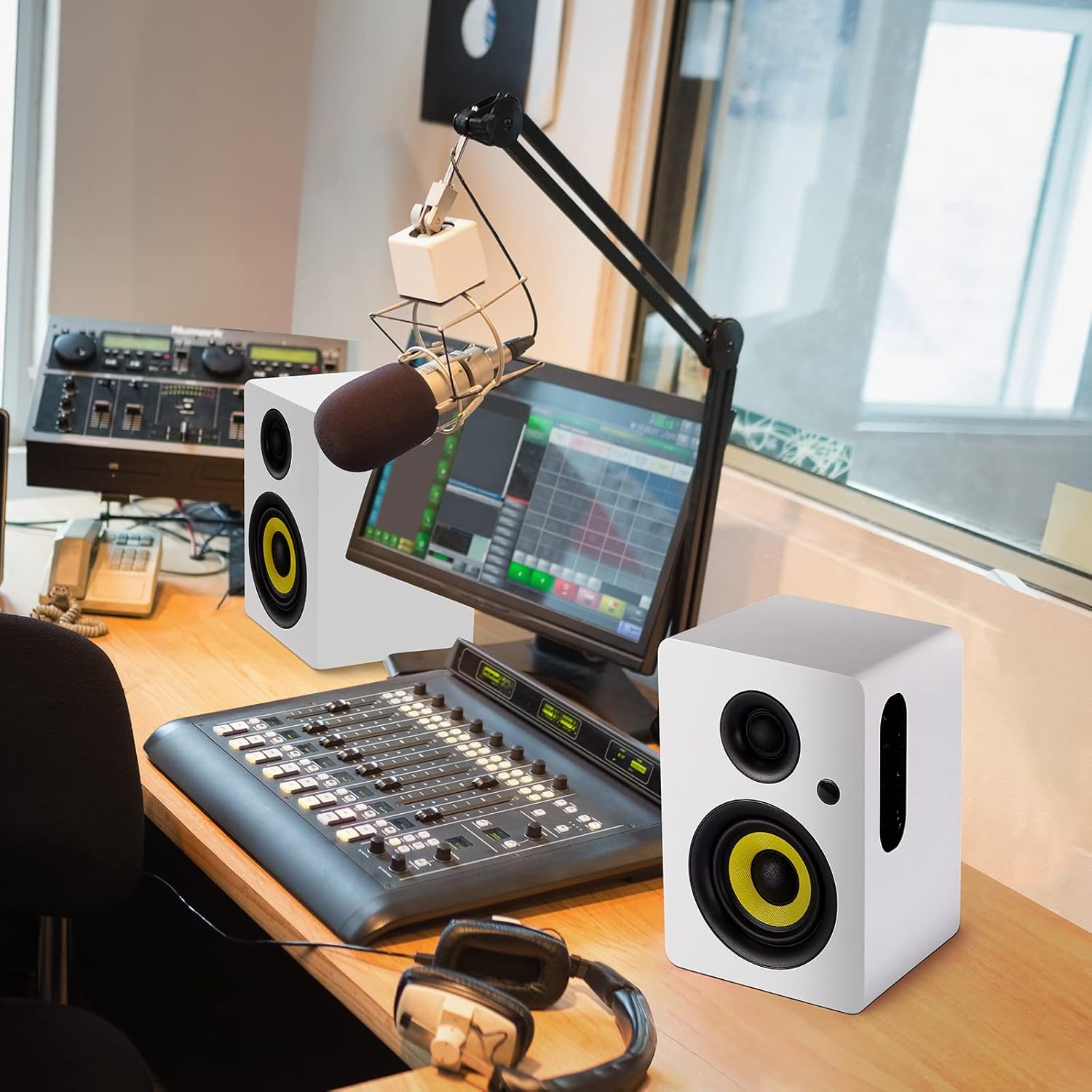 Sanyun SW206 4” HiFi Bookshelf Speakers with Studio Mode, 80W Active, Bluetooth 5.4/Optical/Coaxial/TRS/Aux/24bit DAC USB, for Turntable TV PC Desktop, MDF Cabinet, Remote Control, White