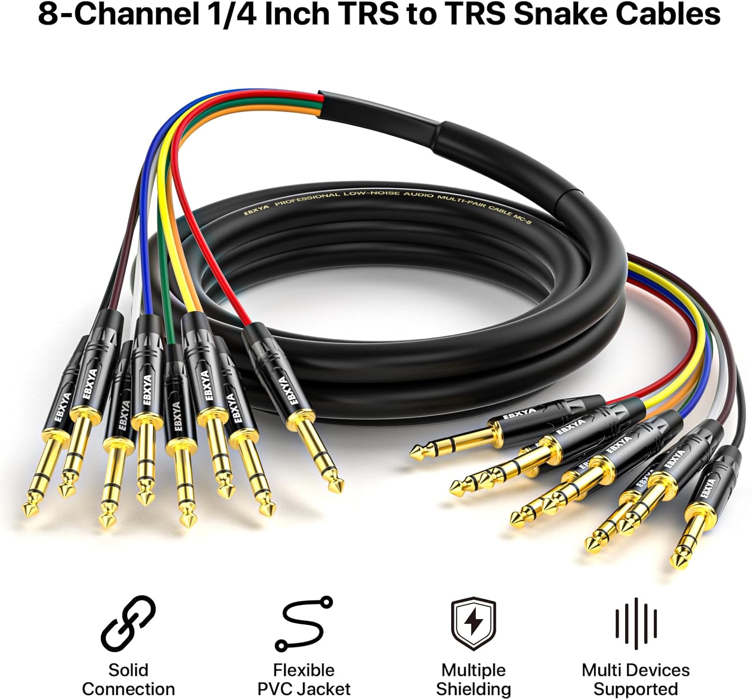 EBXYA 8-Channel 1/4 Inch TRS to TRS Snake Cables 10ft, 6.35mm Male Jack Stereo Audio Balanced Line for Keyboard, Amplifier, Speaker, Mixer, 1 Pack