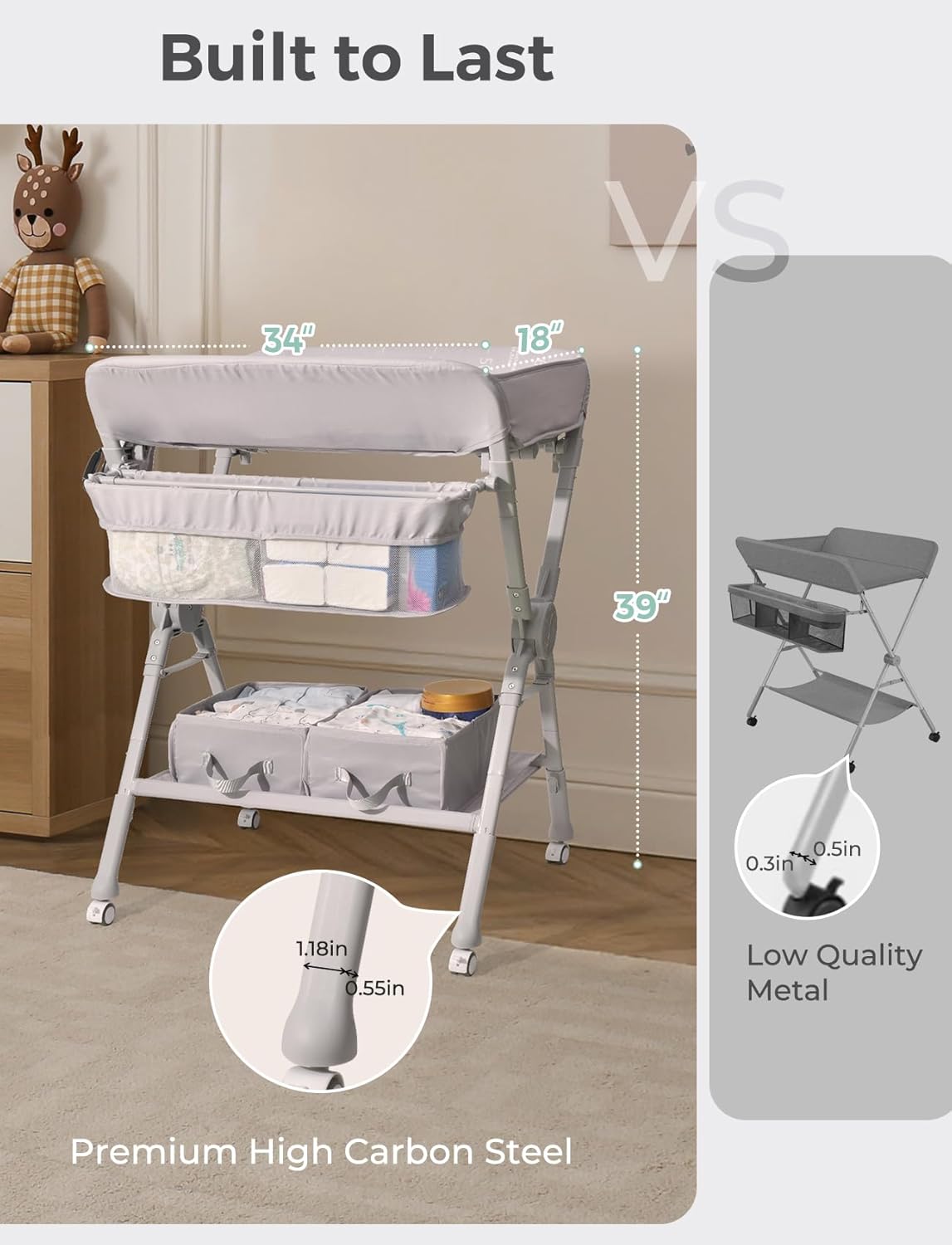 Baby Changing Table, Auto Warmer Portable Folding Changing Table with Wheels, Waterproof Diaper Changing Station with 2 Drawers, Adjustable Height, Baby Changing Station for Infant, Newborn
