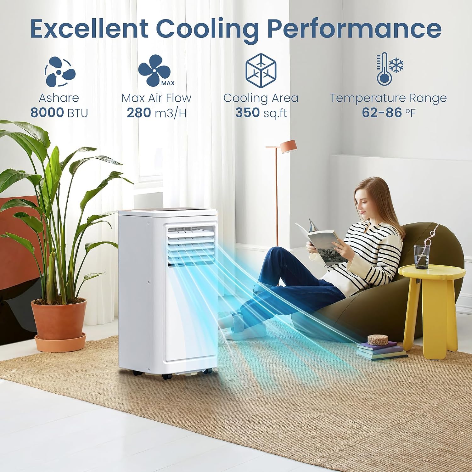 ZAFRO Portable Air Conditioners, 8000 BTU, 3 in 1 Portable AC Unit with Window Kits, Fan & Dehumidifier Modes, Cools up to 350 Sq.Ft, LED Display/Remote Control, 24H Timer for Living Room, Bedroom
