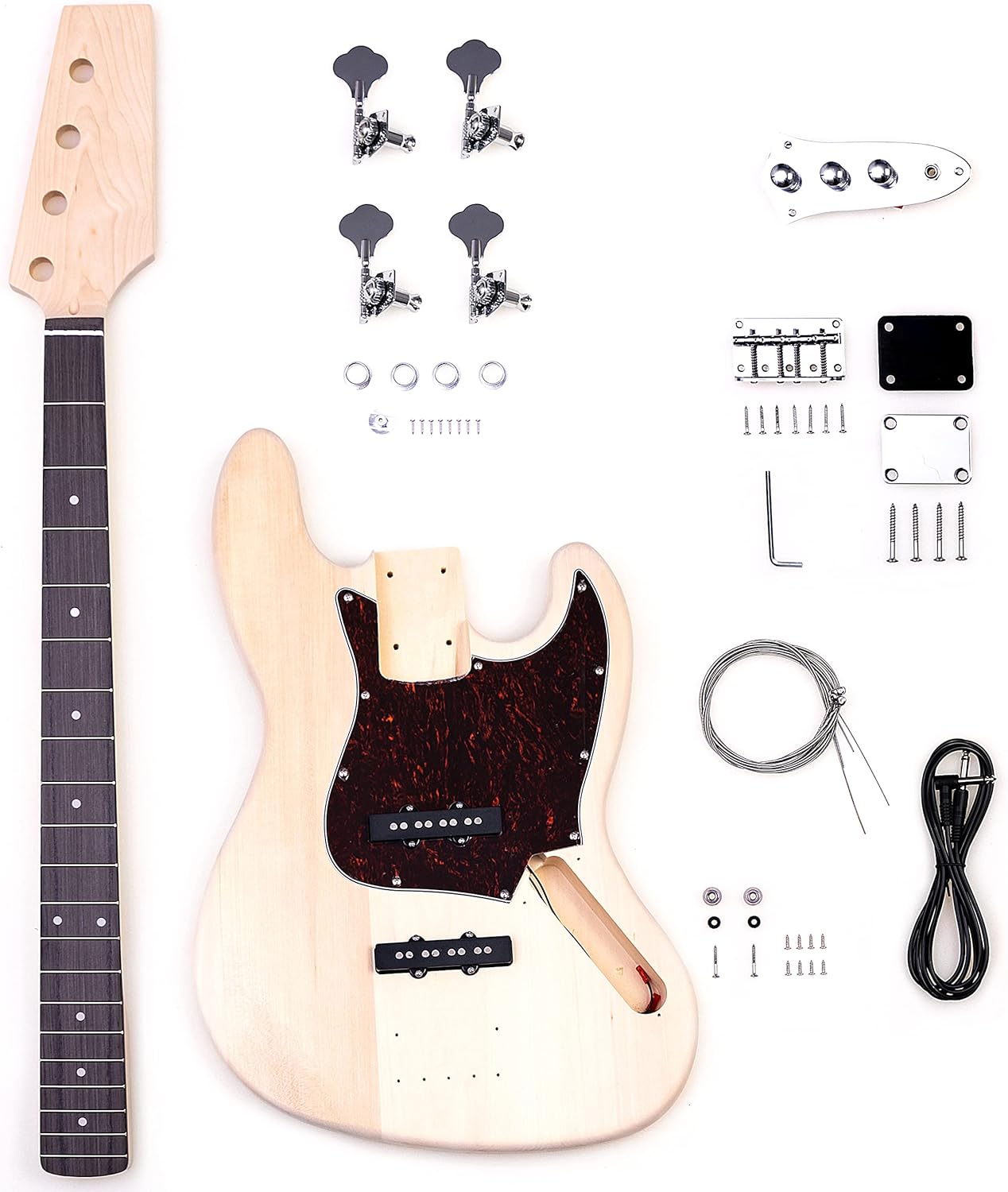 DIY Electric Guitar Kits for JB Style Bass Guitar,Basswood Body,Maple Neck and Composite Ebony Fingerboard,Natural with Red Pearl Panel