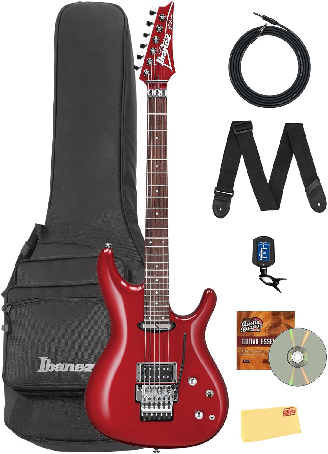 Ibanez JS240PS JS Joe Satriani Electric Guitar - Candy Apple Bundle with Gig Bag, Tuner, Strap, Cable, Austin Bazaar Instructional DVD, and Polishing Cloth