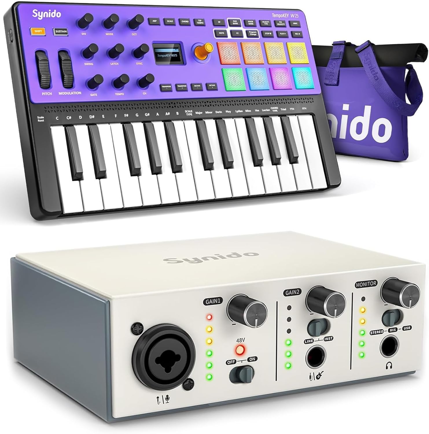 Synido Wireless USB C MIDI Controller Keyboard 25 Keys Rechargeable with 8 Velocity RGB Pads and Live Solo USB C Audio Interface for Recording Music, Streaming, Podcasting