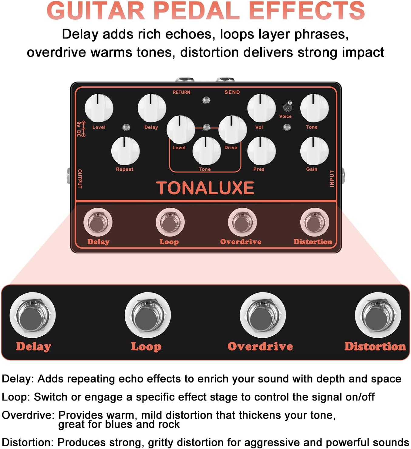 4-in-1 Music Synthesizer Guitar Effects Pedal – Distortion, Overdrive, Loop & Delay Multi-Effects Analogue for Electric Guitar, DC 9V