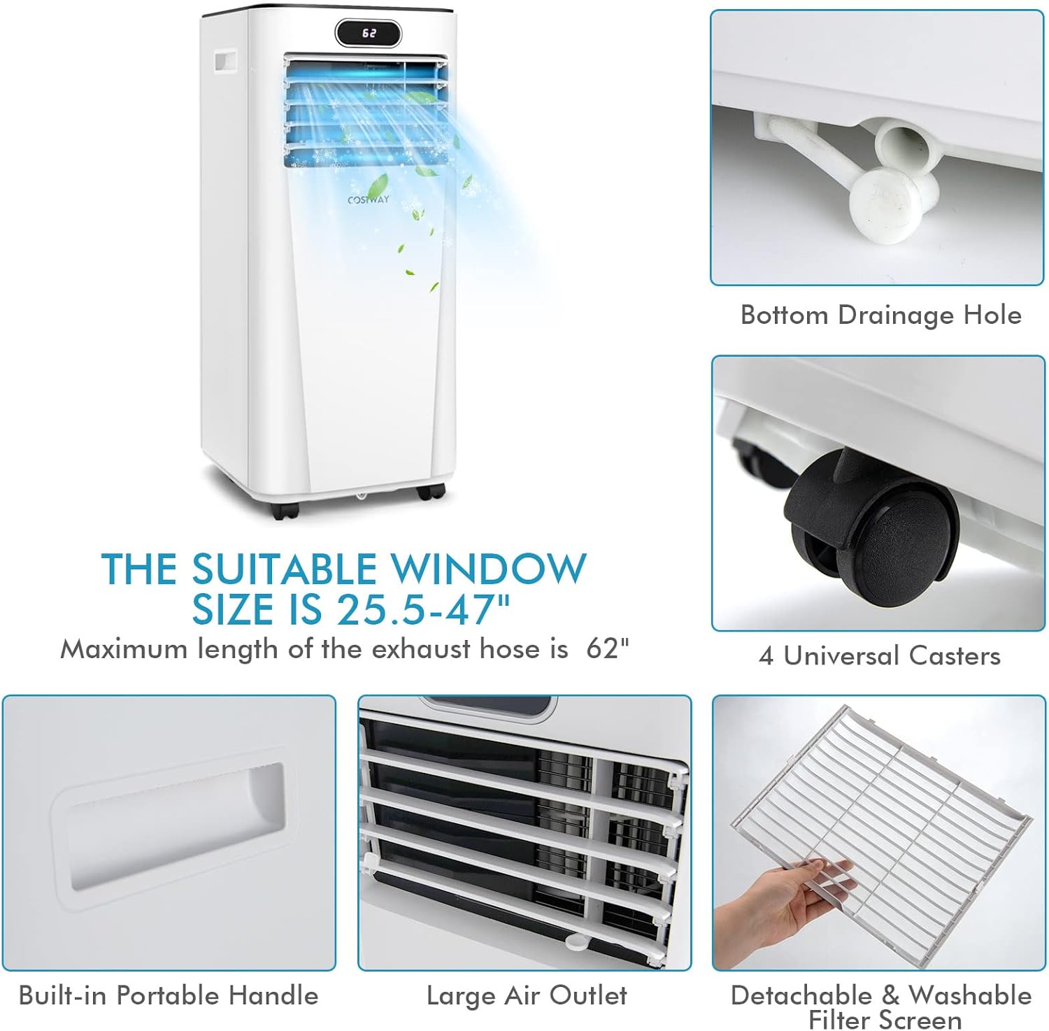 COSTWAY 10000BTU Portable Air Conditioner, with Drying, Fan, Sleep Mode, 2 Speeds, 24H Timer, Cools Room up to 350 Sq. ft, for Room & Office, Window Kit Included (Dark and White)