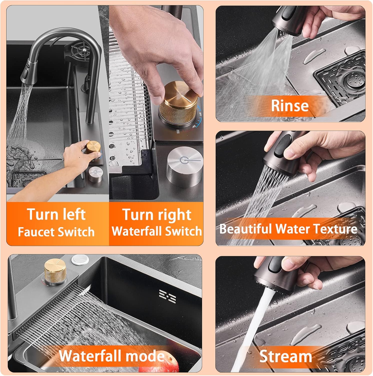Multifunctional waterfall kitchen sink with waterfall faucet with cup washer and other sink accessories (Modern, Black-Grey)
