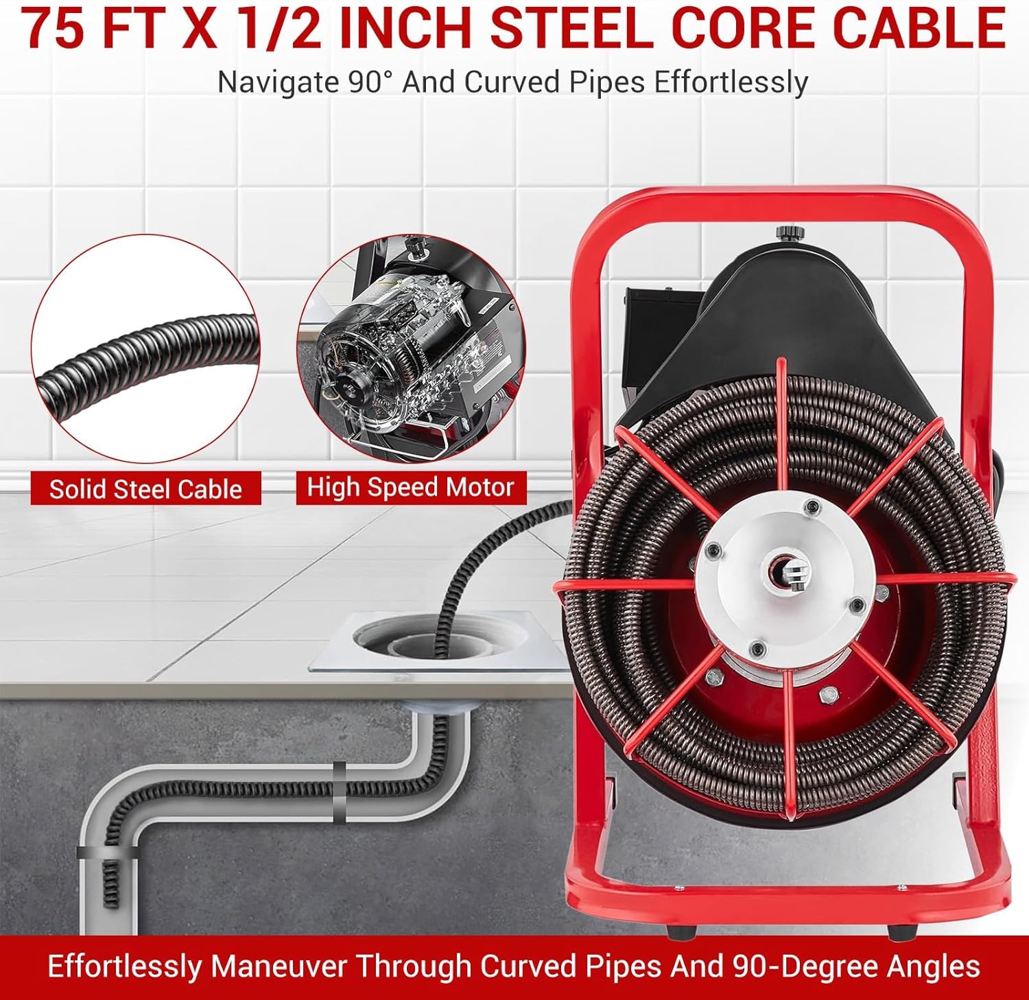 75FT 1/2 Inch Drain Cleaning Machine, Portable Electric Drain Auger with 6 Cutter & Air-Activated Foot Switch, Sewer Snake Drain Cleaner for 1