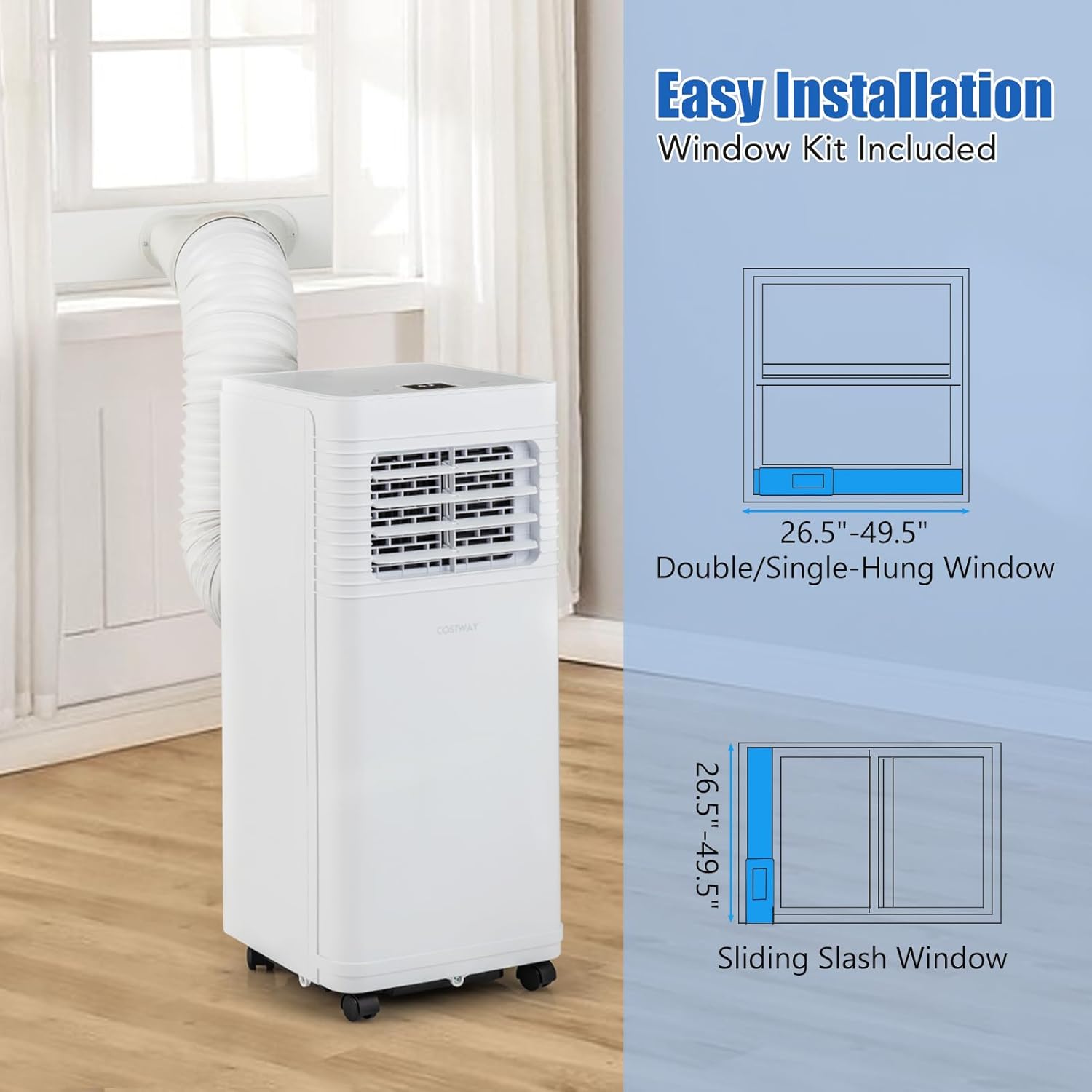 COSTWAY Portable Air Conditioner, 9000 BTU Air Conditioner with Fan & Dehumidifier, 24H Timer & Remote Control, Window Installation Kit, AC Unit Cools Rooms up to 300 Sq.Ft (9000 BTU)
