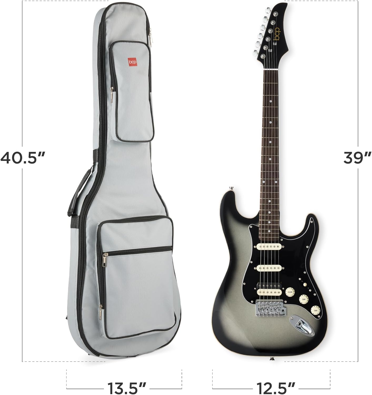 Best Choice Products Beginner HSS Electric Guitar Kit w/Headphone Amp, Padded Gig-Bag, Headphones, Guitar Strap - Silverburst/Black