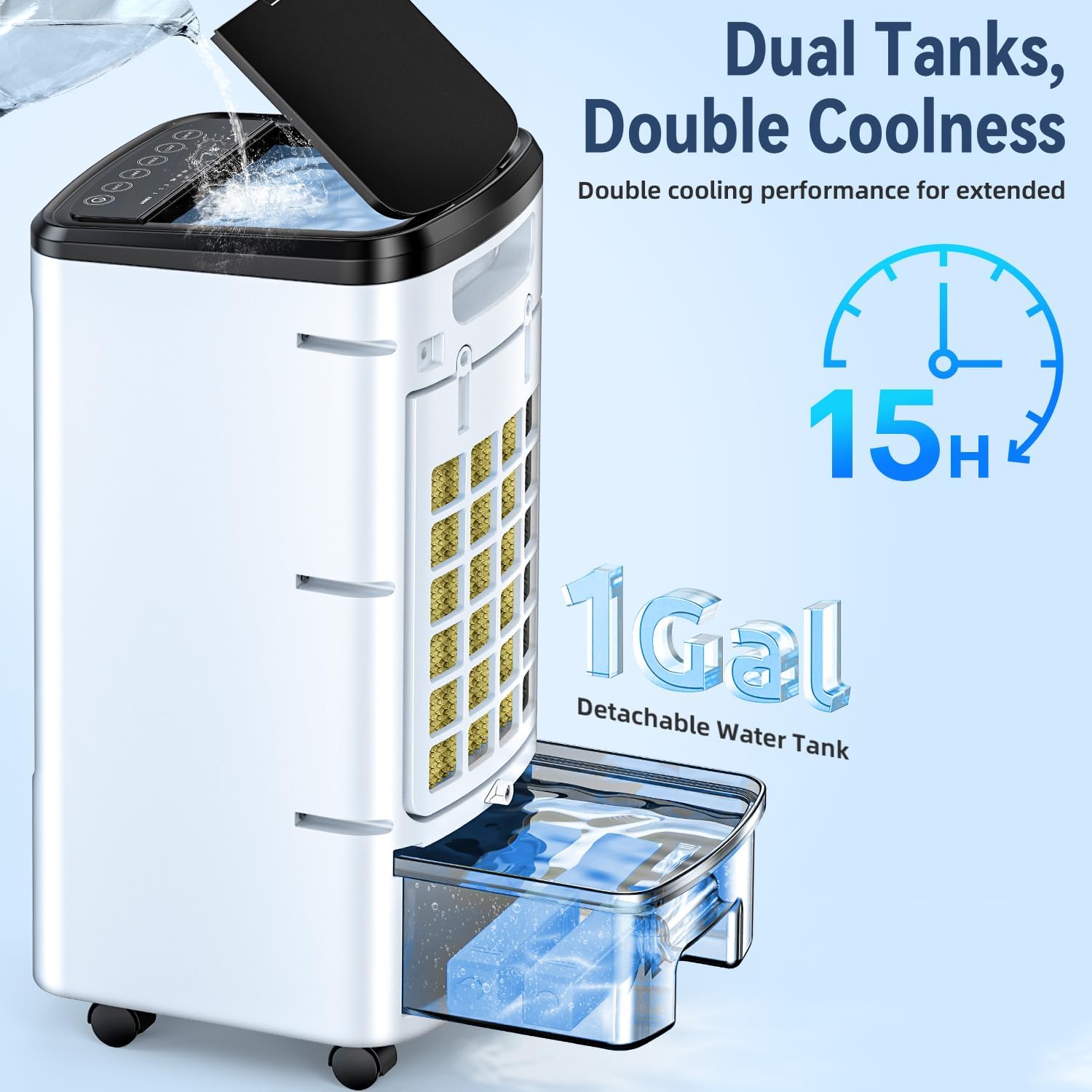 FANCOLE Windowless Portable Air Conditioners with 6 Ice Packs, 12H Smart Timer for Auto-off, 26Ft Remote, Top Fill Dual Tank, 3Speeds Evaporative Air Cooler, 65°Auto Swing Swamp Cooler Air Conditioner