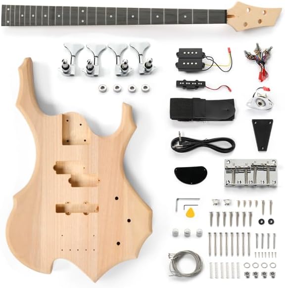 DIY Electric Bass Guitar Kit with Mahogany Body, Ebony Fingerboard and Maple Neck, All Components Included to Build Your Own Electric Guitar