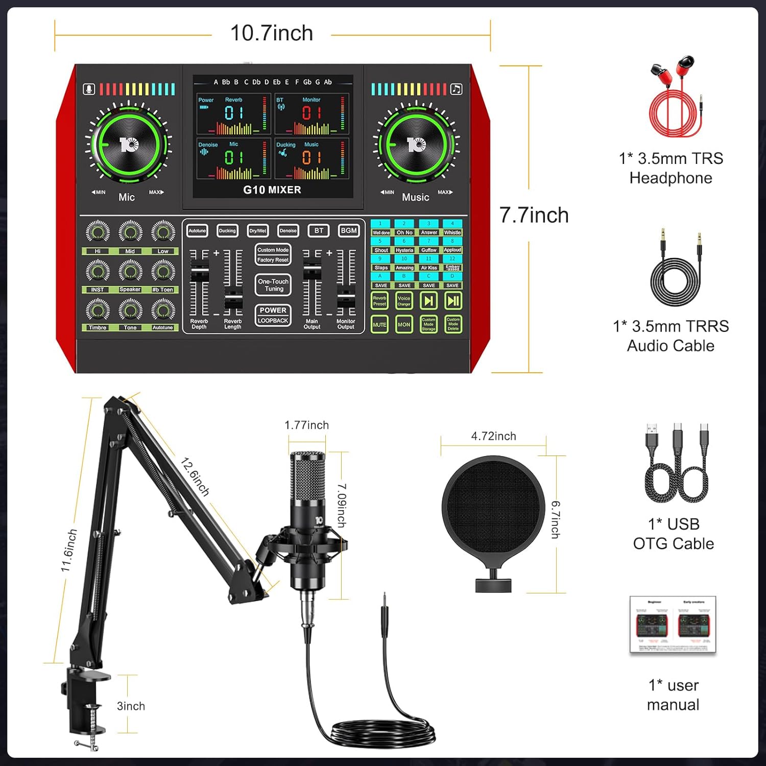 Podcast Equipment Bundle with 3.5mm Condenser Microphone for Pc/Phone Live Streaming Singing Gaming, Podcast Microphone Bundle with Live Sound Board Audio Mixer Denoise,DJ Sets
